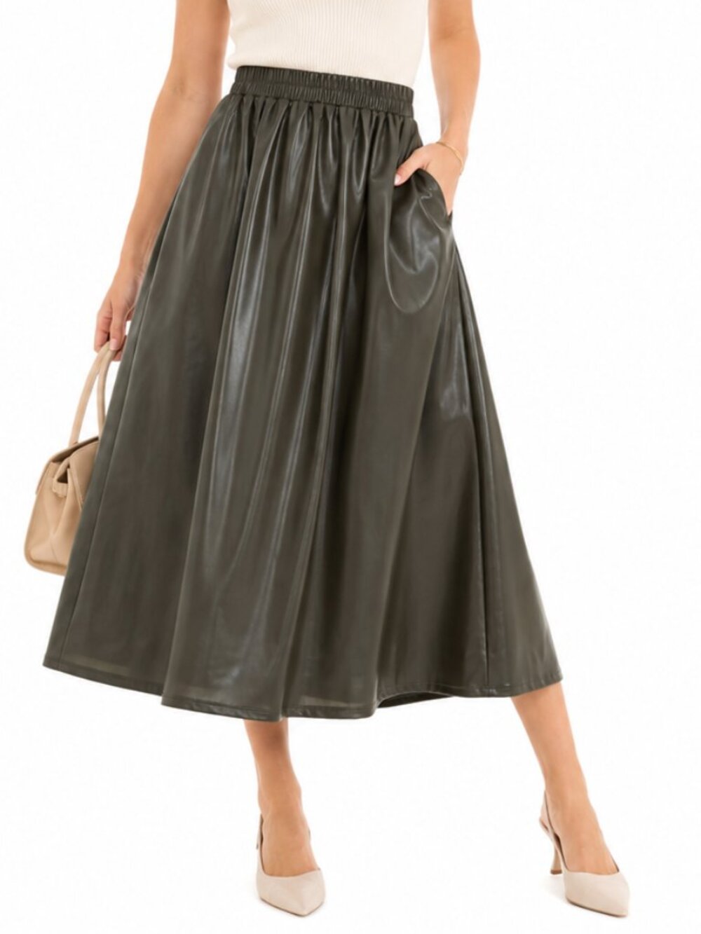 A New Day Brown Faux Leather Midi Skirt XS Quiet Luxury A Line Pockets